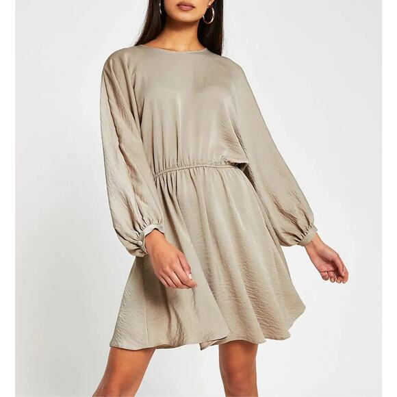 River Island Stone Drawstring Mini Dress 8 Sage Green Flowy Empire Waist Boho - Picture 1 of 13